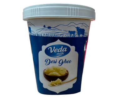 Pure desi ghee jar from Veda Milk — traditional preparation